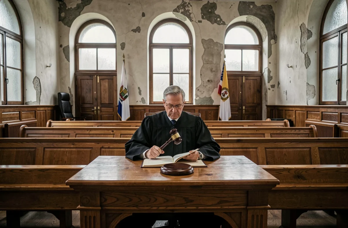Juge en robe noire tenant un marteau dans une salle d'audience formelle avec bancs en bois