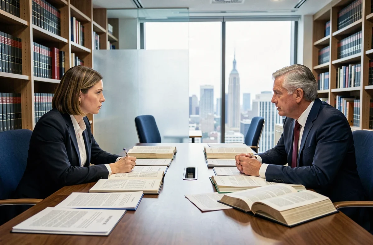Deux juristes en réunion autour d'une table couverte de dossiers juridiques dans un cabinet d'avocats moderne