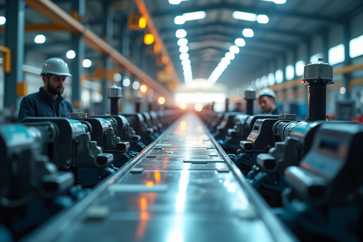 Ligne de production industrielle avec ouvriers et machines