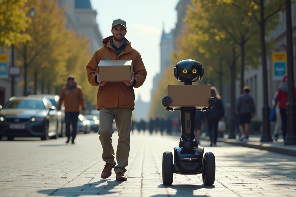 Robot de livraison et livreur humain en ville
