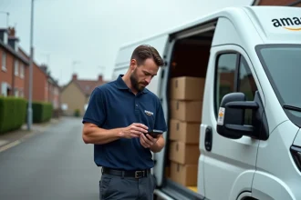 Livreur Amazon indépendant en tenue de travail vérifiant un colis devant son camionnette de livraison dans une rue résidentielle française