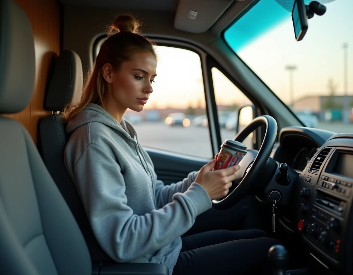 Livreuse indépendante consultant son itinéraire sur smartphone à l'intérieur de sa camionnette avant une tournée Amazon