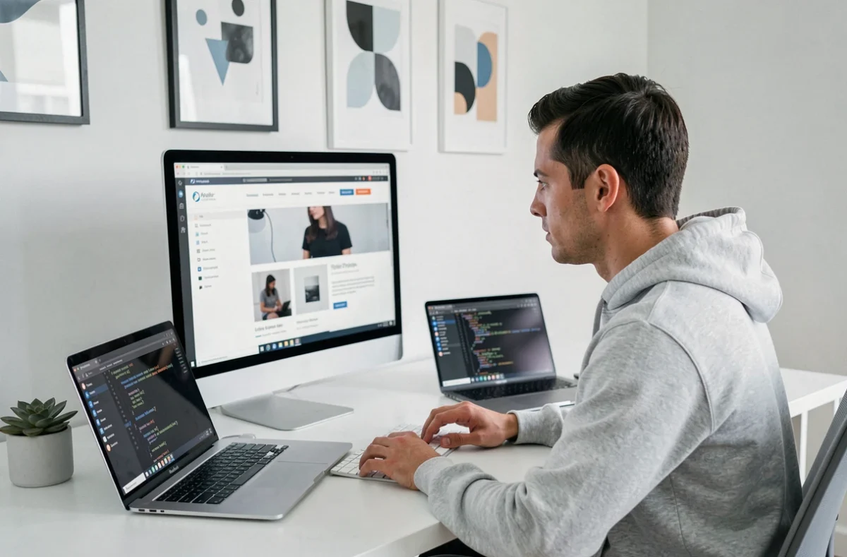 Développeur web de l'agence Liziweb travaillant sur une interface de site internet responsive dans un studio moderne