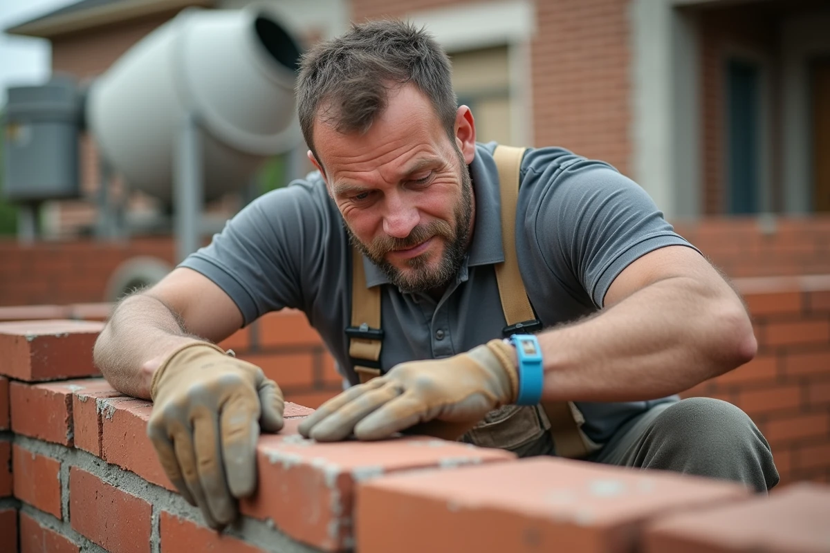 Ma&ccedil;on exp&eacute;riment&eacute; inspectant la qualit&eacute; d'un mur en briques sur un chantier r&eacute;sidentiel, illustrant le savoir-faire des artisans du BTP