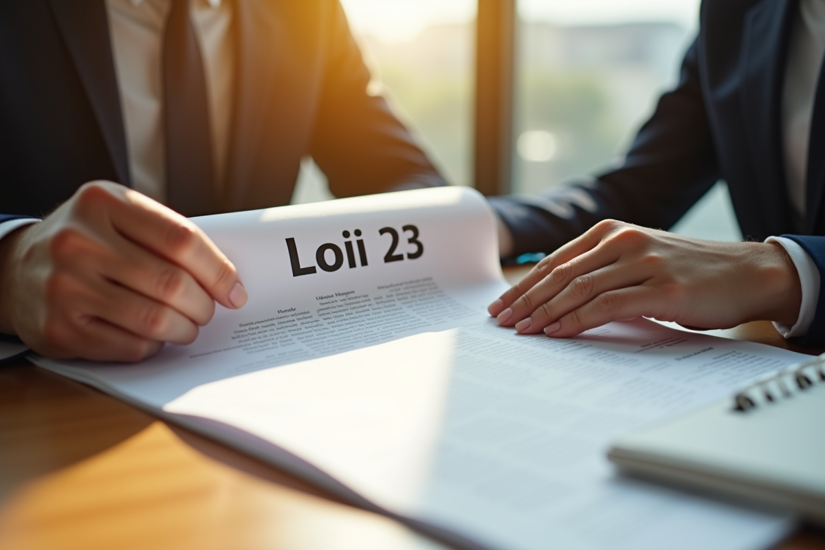Main feuilletant un document législatif intitulé Loi 23