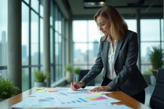 Responsable management analysant des indicateurs de performance sur un tableau de bord imprimé dans un bureau moderne vitré