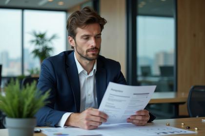 Manager en costume navy examine un rapport salarial dans un bureau moderne