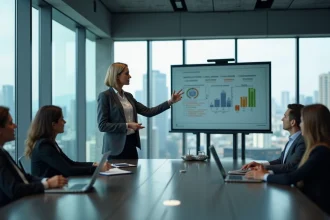 Manager senior femme en blazer gris animant une réunion de conseil stratégique dans une salle de conférence moderne avec vue sur la ville