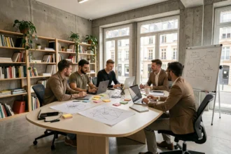 Équipe d'une agence web dans les Pays de la Loire travaillant ensemble dans un bureau moderne et collaboratif