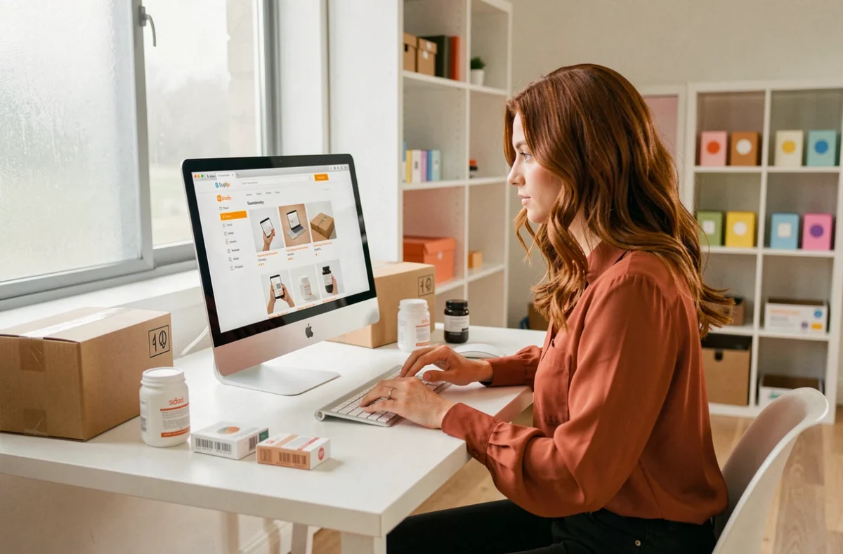 Gestionnaire e-commerce de l'agence Moon Moon à Nantes configurant une boutique Shopify avec des produits et emballages sur son bureau