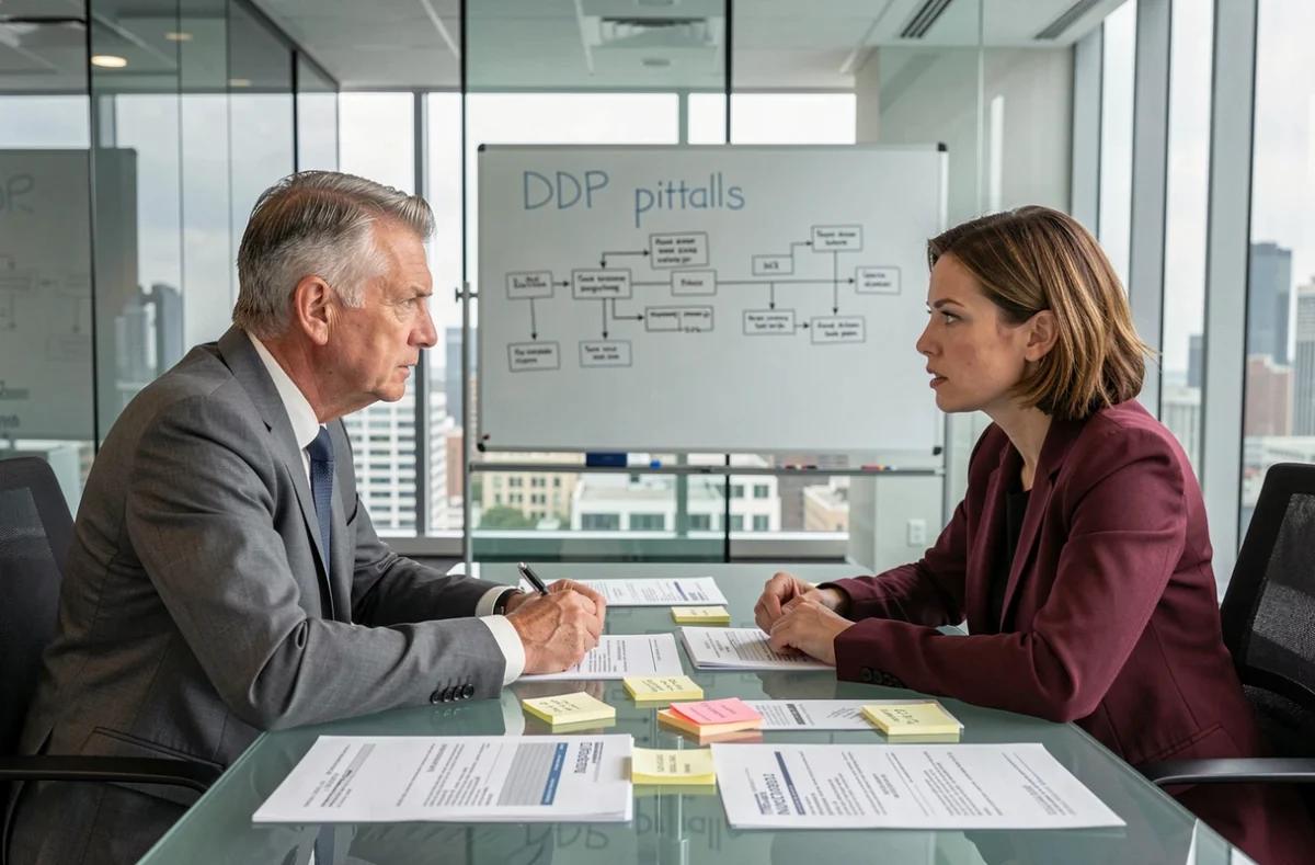 Deux professionnels discutant des pièges des Incoterms DDP lors d'une négociation commerciale pour des ventes aux États-Unis