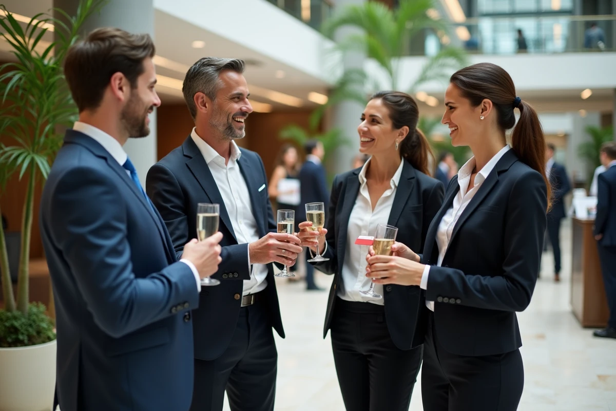 Groupe de professionnels échangeant lors d'un événement de networking d'entreprise dans un atrium moderne