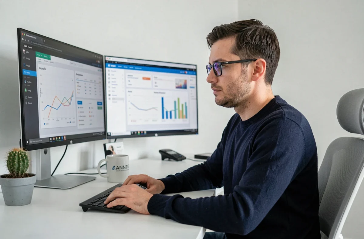 Développeur web spécialisé en SEO analysant des données de référencement sur deux écrans dans les bureaux de l'agence NOIISE à Nantes