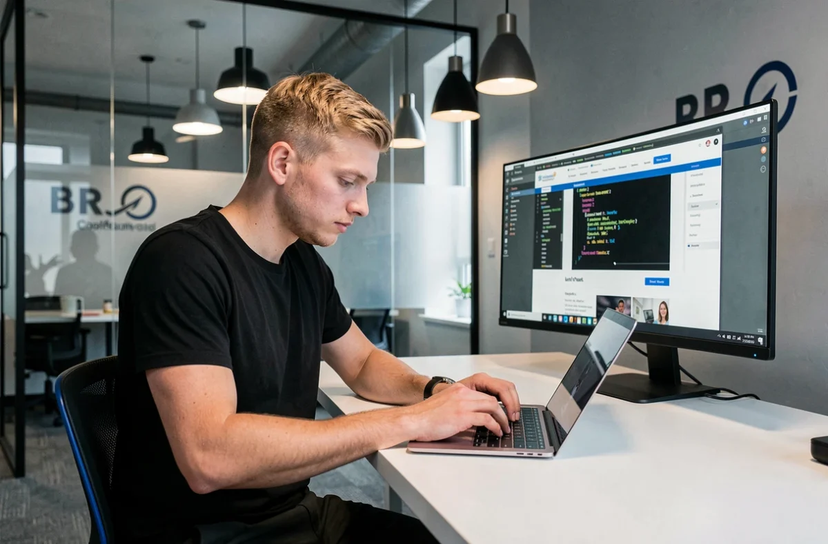 Développeur de l'agence OBIROX codant un site internet sur ordinateur portable dans un espace de coworking moderne