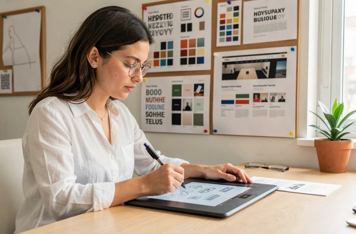 Designer graphique de l'agence Oboqo à Mulhouse travaillant sur une identité visuelle et un site web