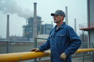 Homme en combinaison bleue dans une usine industrielle