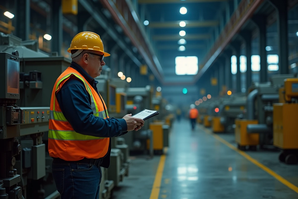 Ouvrier en usine travaillant de nuit sur une chaîne industrielle, portant un gilet de sécurité et tenant un clipboard