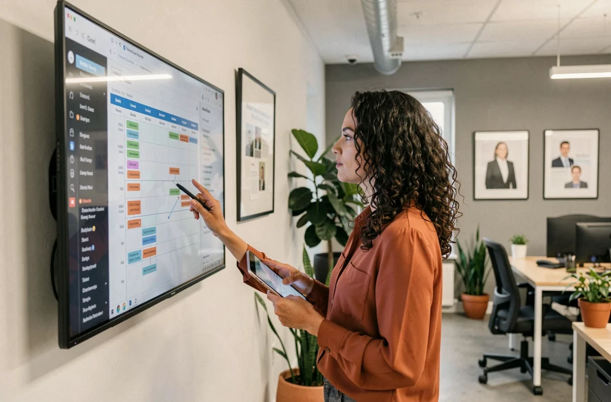 Chef de projet de l'agence Oxellia supervisant un planning de création de site web dans un bureau moderne et lumineux