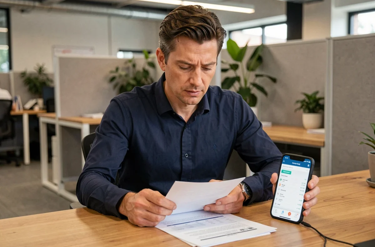 Entrepreneur masculin vérifiant ses paiements et déclarations Urssaf depuis un espace de travail partagé
