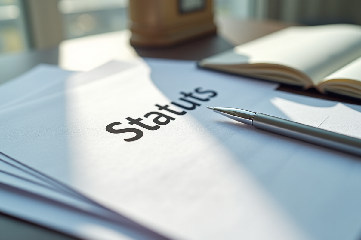 Papiers de statuts avec stylo sur bureau bien éclairé