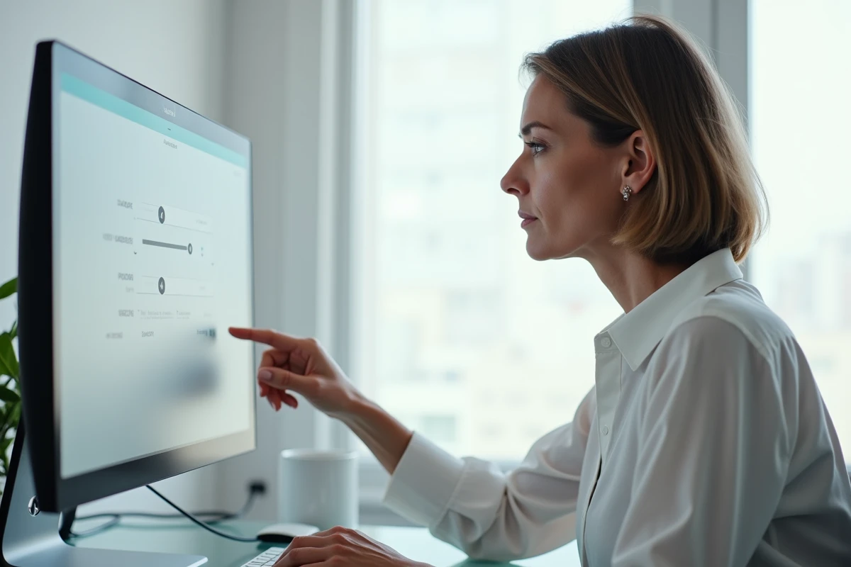 Femme paramétrant les réglages de son compte sur une interface web avec double écran dans un bureau minimaliste