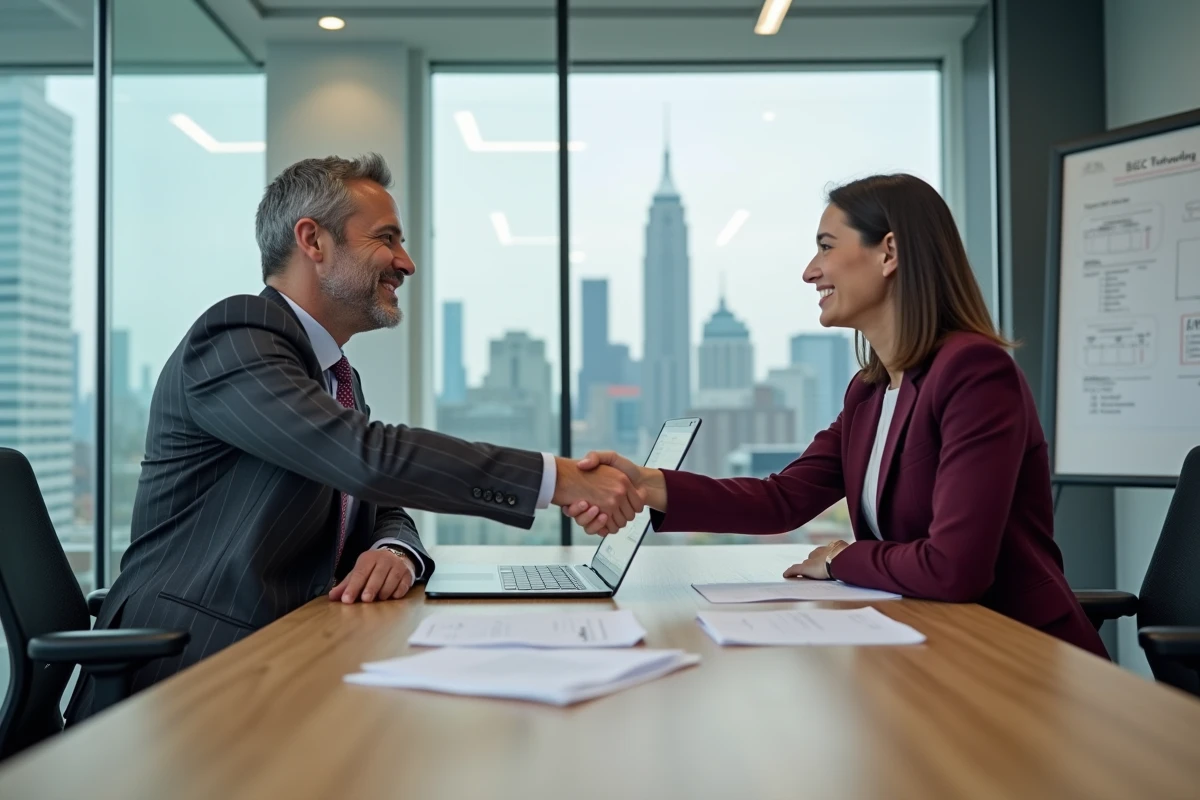 Deux professionnels scellant un partenariat commercial lors d'une mise en relation réseau entreprise réussie