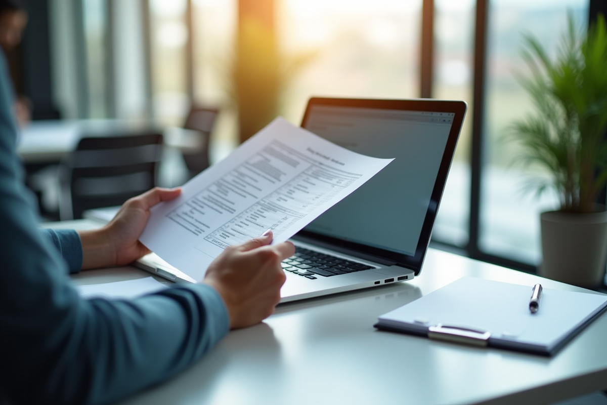 Personne au bureau avec documents et ordinateur lumineux