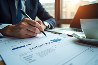 Personne remplissant un certificat EUR1 sur un bureau lumineux