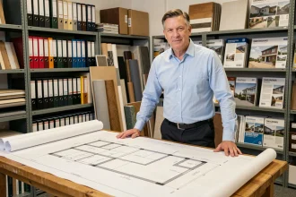 Architecte planifiant un magasin Leroy Merlin avec des plans détaillés sur une table de travail en bois