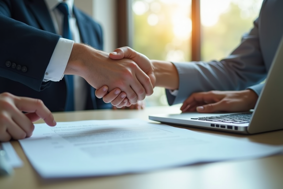 Deux personnes se serrant la main sur un contrat dans un bureau lumineux