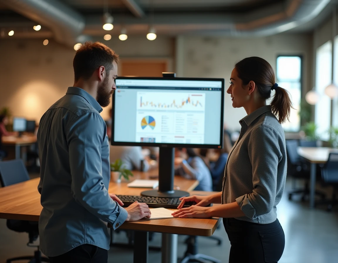 Deux collègues explorant ensemble les fonctionnalités essentielles d'un portail adhérent dans un espace de coworking