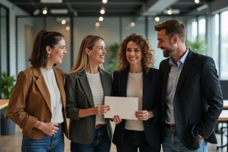 Collègues réunis dans un bureau moderne pour un pot de départ inattendu, échangeant une carte manuscrite avec des sourires sincères