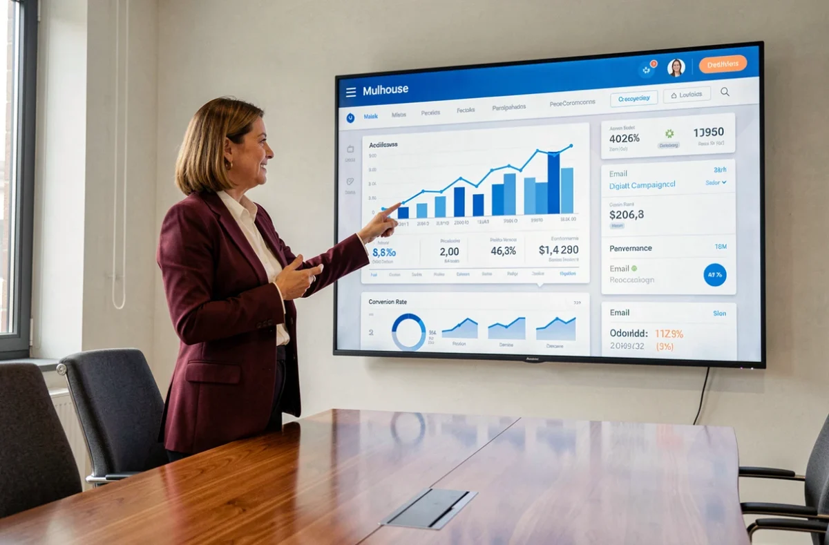 Stratège en e-marketing de l'agence Première Place à Mulhouse présentant des résultats de campagne web