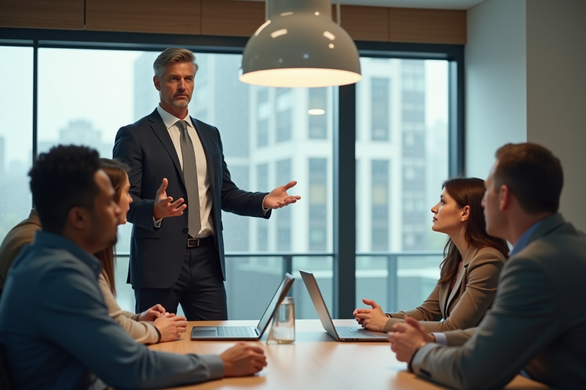Homme d'affaires confiant donnant une présentation dynamique
