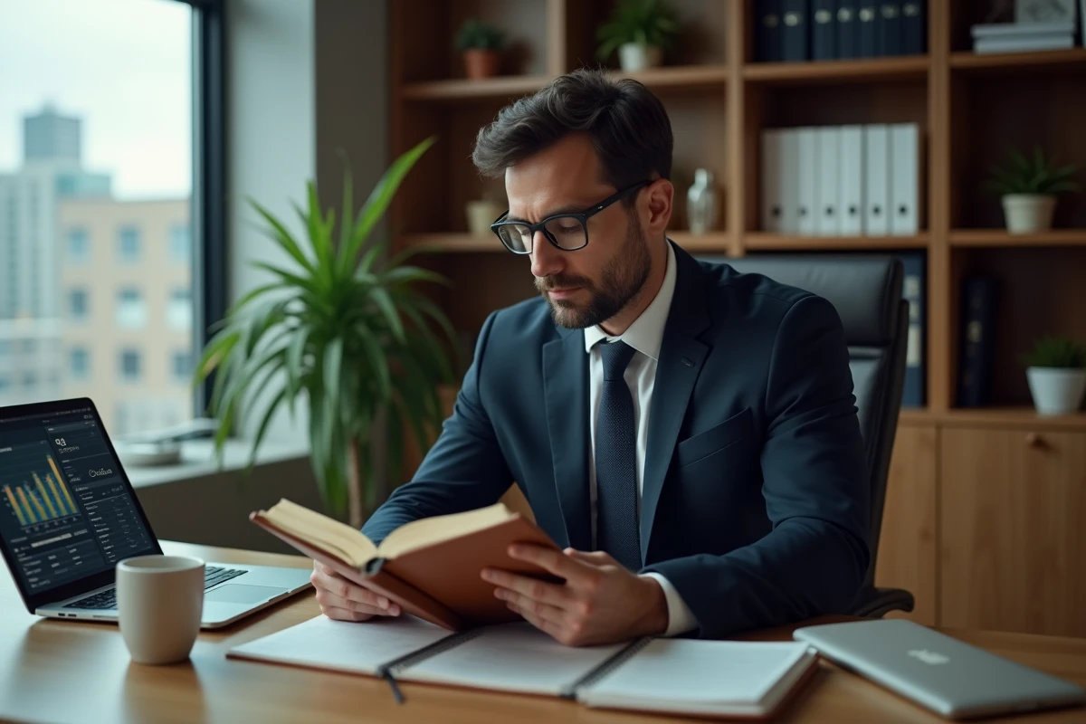 Président du directoire consultant ses notes stratégiques dans un bureau privé avant une prise de décision importante