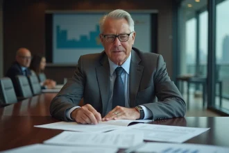 Président du directoire examinant des documents stratégiques lors d'une réunion en salle de conseil d'administration