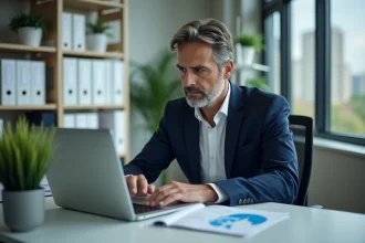 Professionnel en costume analysant des données sur un ordinateur