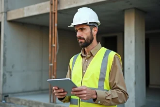 Professionnel du BTP consultant une tablette numérique sur un chantier de construction, portant un casque blanc et un gilet jaune fluorescent