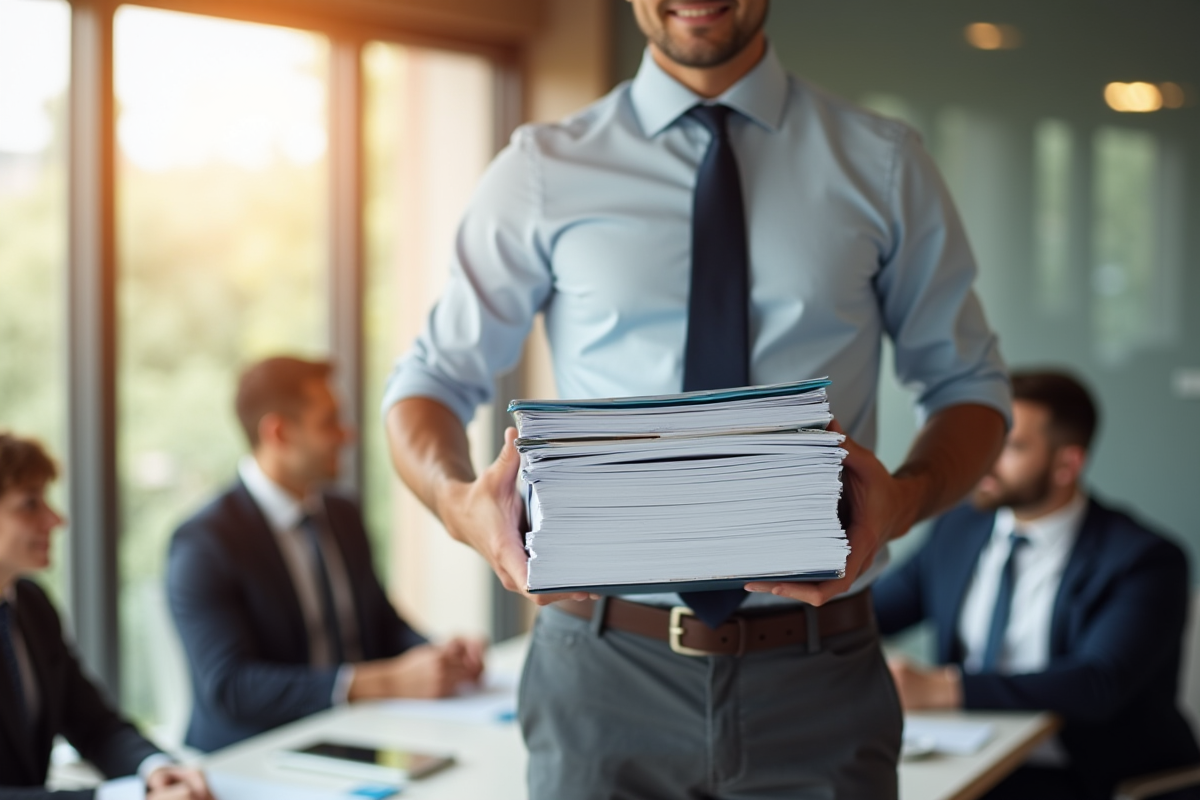 Professionnel confiant tenant des documents en réunion