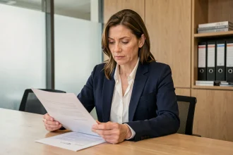 Professionnelle RH étudiant des documents de convention collective CCN 66 lors d'une réunion en entreprise
