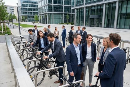 Groupe de professionnels arrivant en vélo au bureau