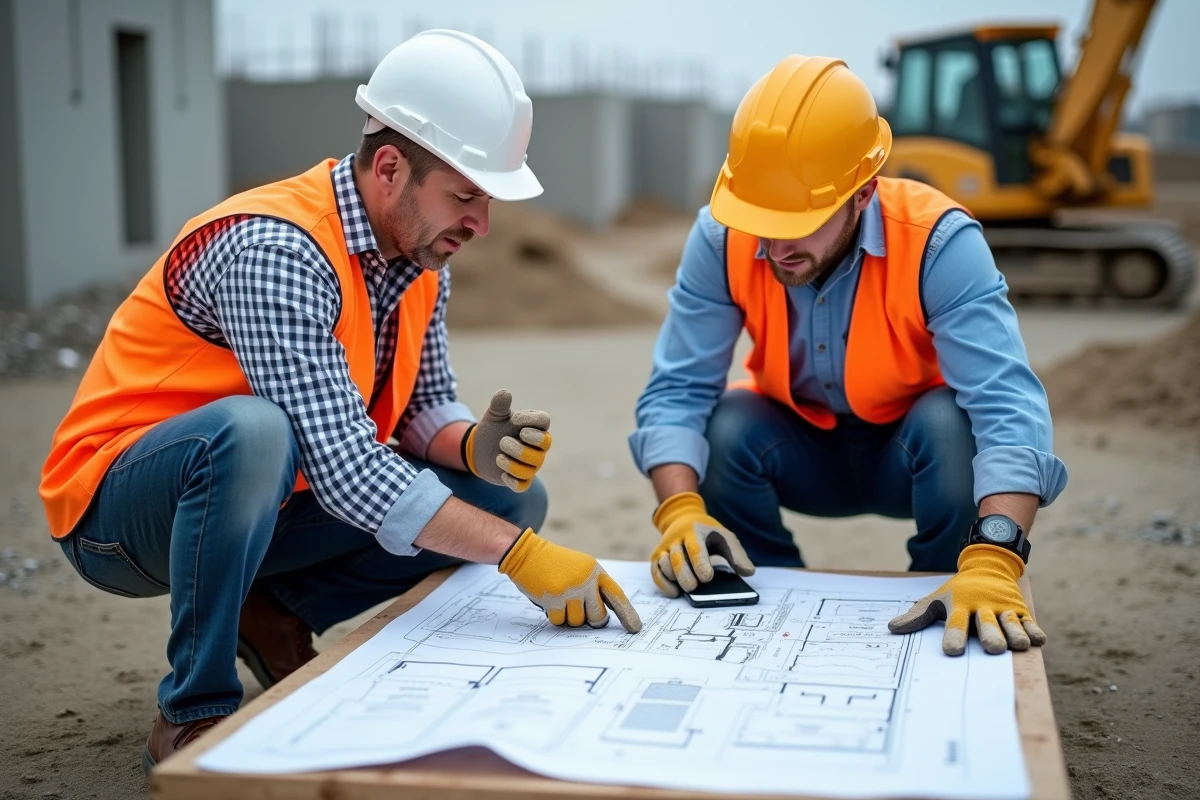 Deux professionnels BTP comparant les prix et plans de chantier sur smartphone et documents imprimés sur le terrain
