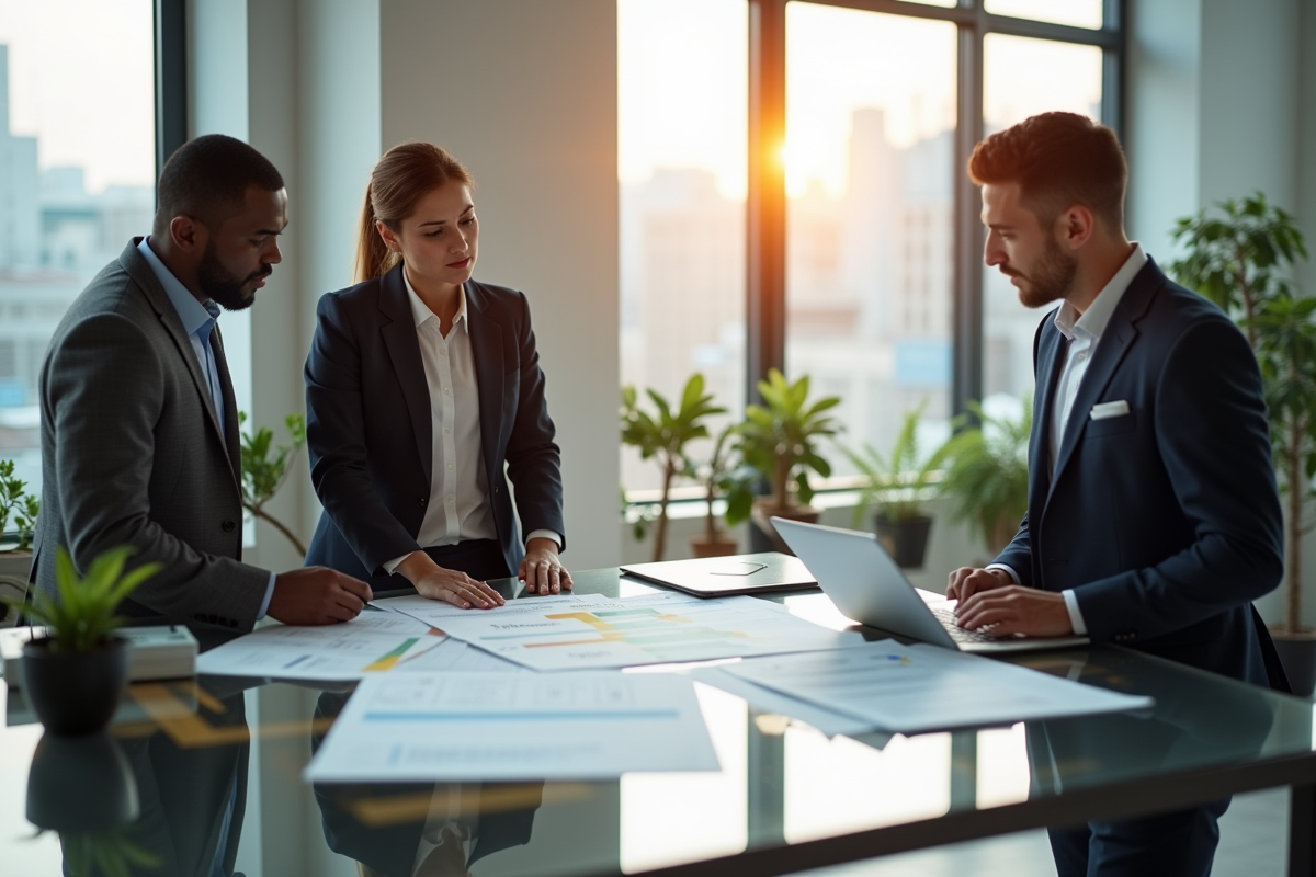 Trois professionnels d'affaires discutant d'un organigramme dans un bureau moderne