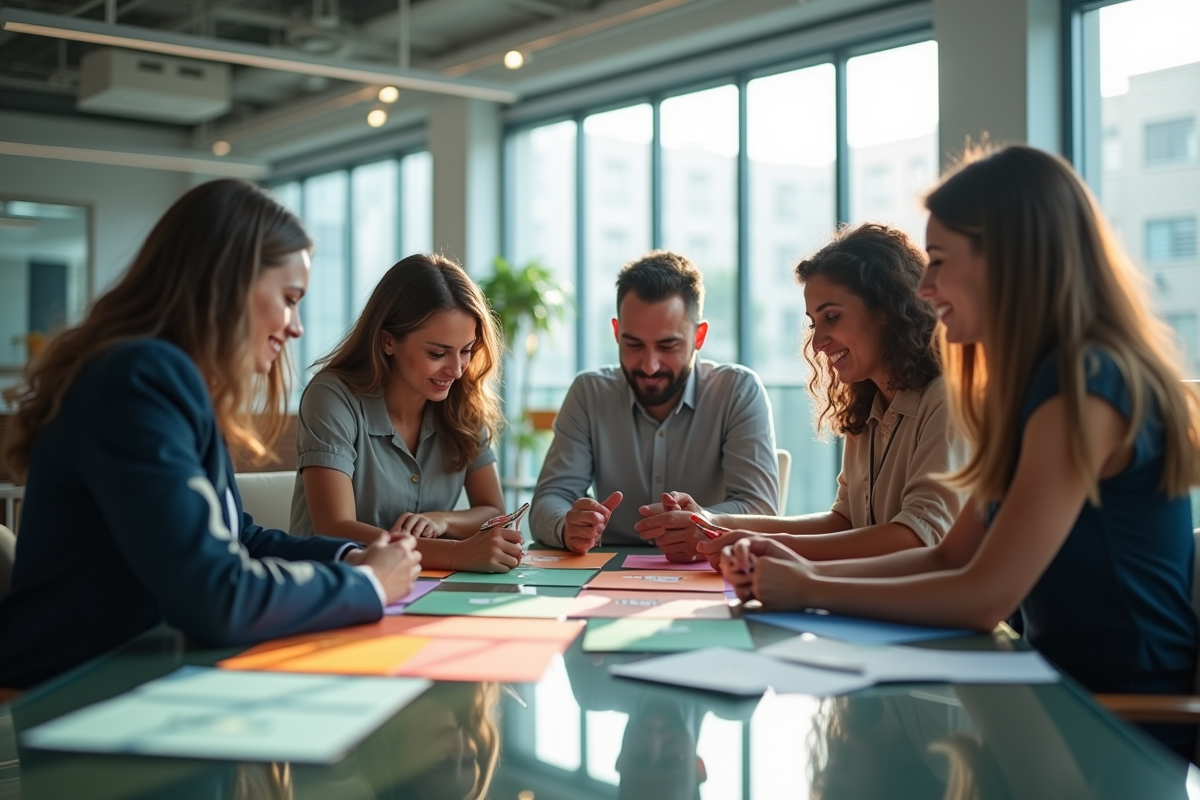 Cinq professionnels autour d'une table avec cartes marketing