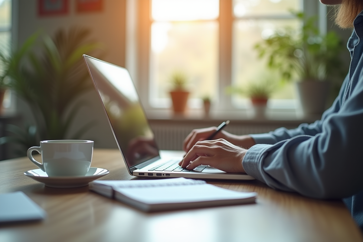 Personne rédigeant un e-mail de sponsoring sur un ordinateur portable lumineux