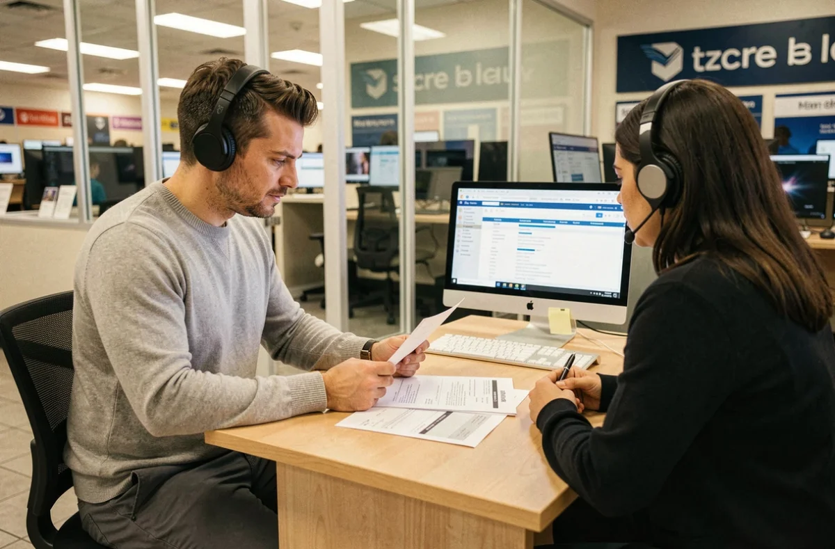 Un client examine une facture d'achat avec un conseiller service après-vente dans un espace dédié en magasin