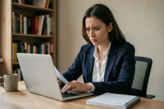 Femme en blazer marine lisant attentivement un email officiel sur son ordinateur portable dans un bureau à domicile