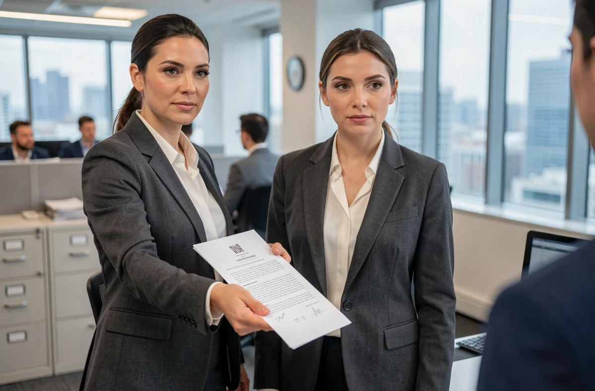 Femme remettant un document officiel en main propre dans un bureau professionnel