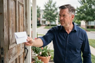 Homme tendant une lettre officielle à domicile lors d'une remise en main propre contre signature
