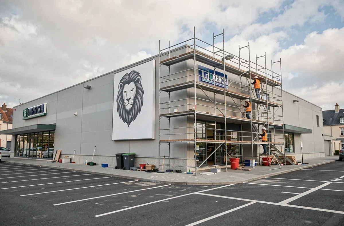 Vue extérieure d'un supermarché Intermarché en cours de rénovation de façade avec remplacement de l'ancienne signalétique par la nouvelle identité 2026